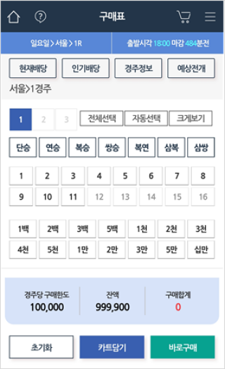구매표에서 승식, 마번, 구매금액 선택 화면